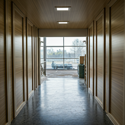 Pasillo con puertas y revestimientos de madera enfrentados a un ventanal.